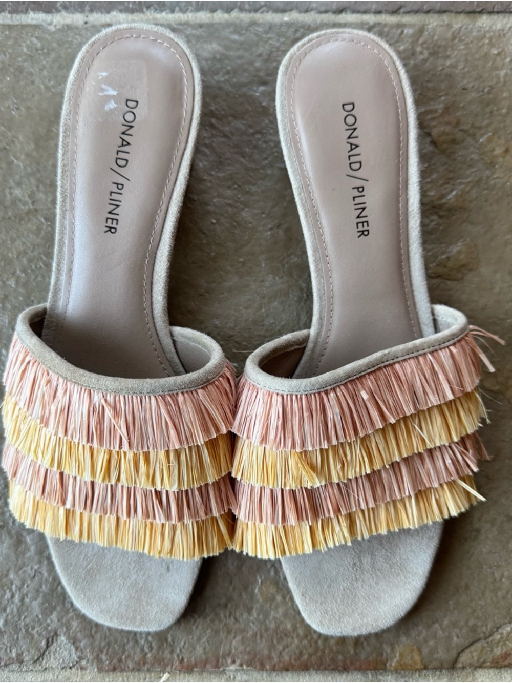 Donald J. Pliner Beige Reise Slide Mules with Pink and Yellow Raffia Fringe sz 8